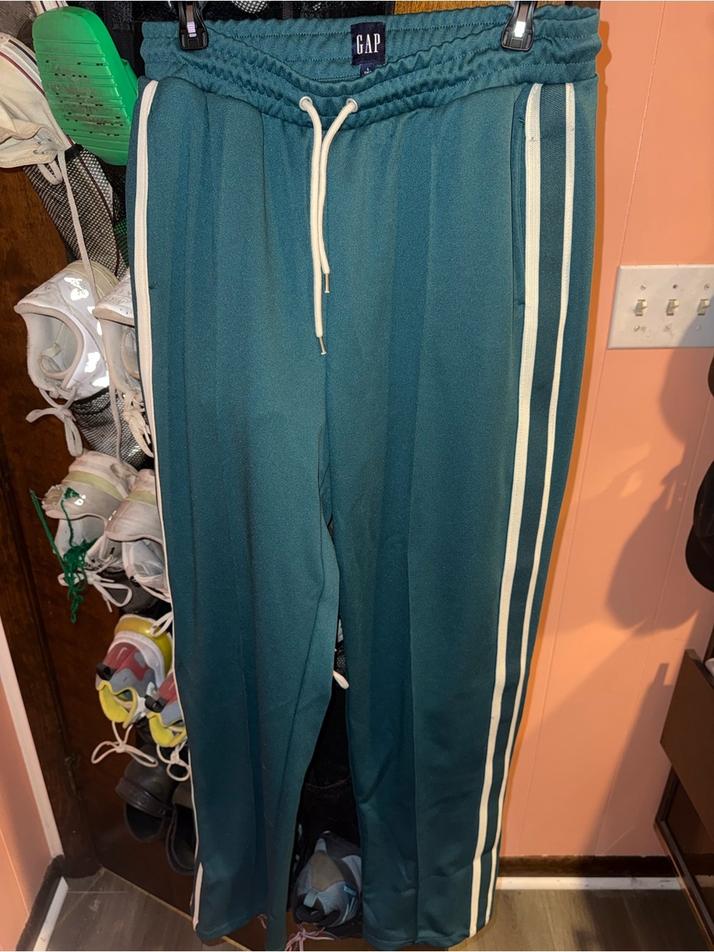 GAP Green Track Pants with White Side Stripes and Drawstring Waist